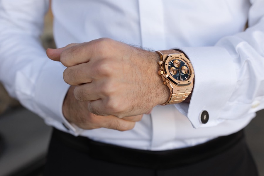 A rose-gold Audemars Piguet Royal Oak Chronograph worn at the cuff